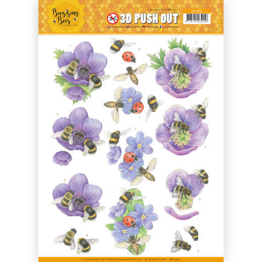 3D Pushout - Jeanines Art - Buzzing Bees - Purple Flowers