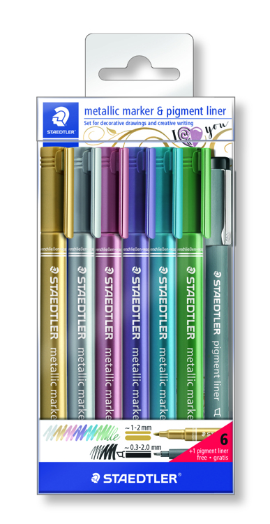 Metallic marker - set 6 kleuren + pigment liner