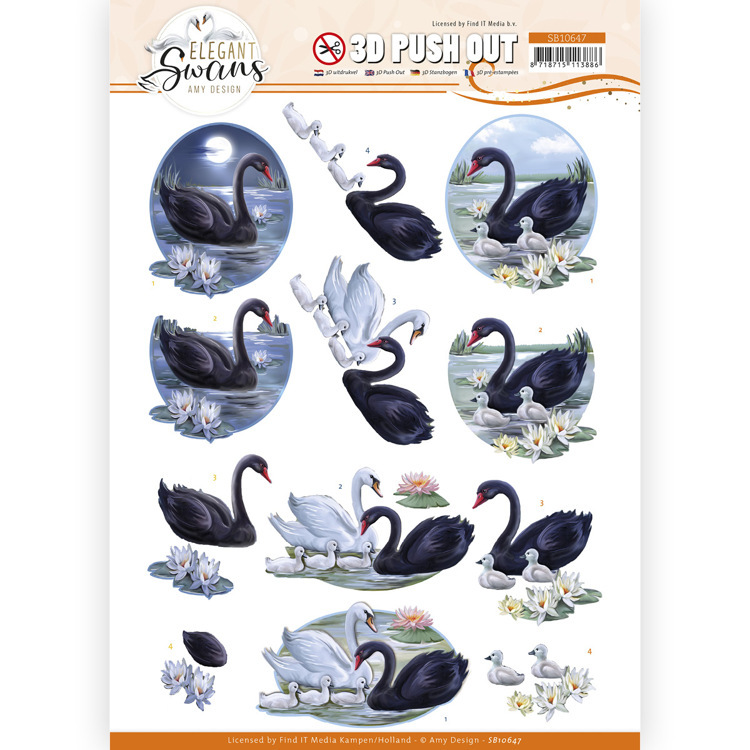 3D Push Out - Amy Design - Elegant Swans - Black swans