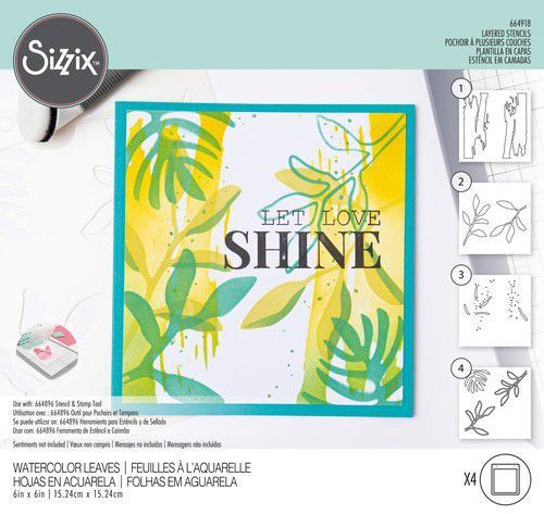 Sizzix Layered Stencils 4PK Watercolor Leaves 664918  Olivia Rose (10-22)