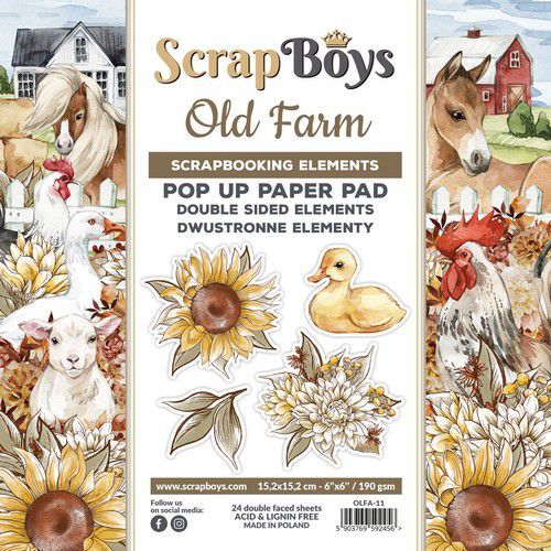 Scrapboys POP UP Paper Pad double sided elements - Old Farm OLFA-11 190gr 15,2x15,2cm (10-22)
